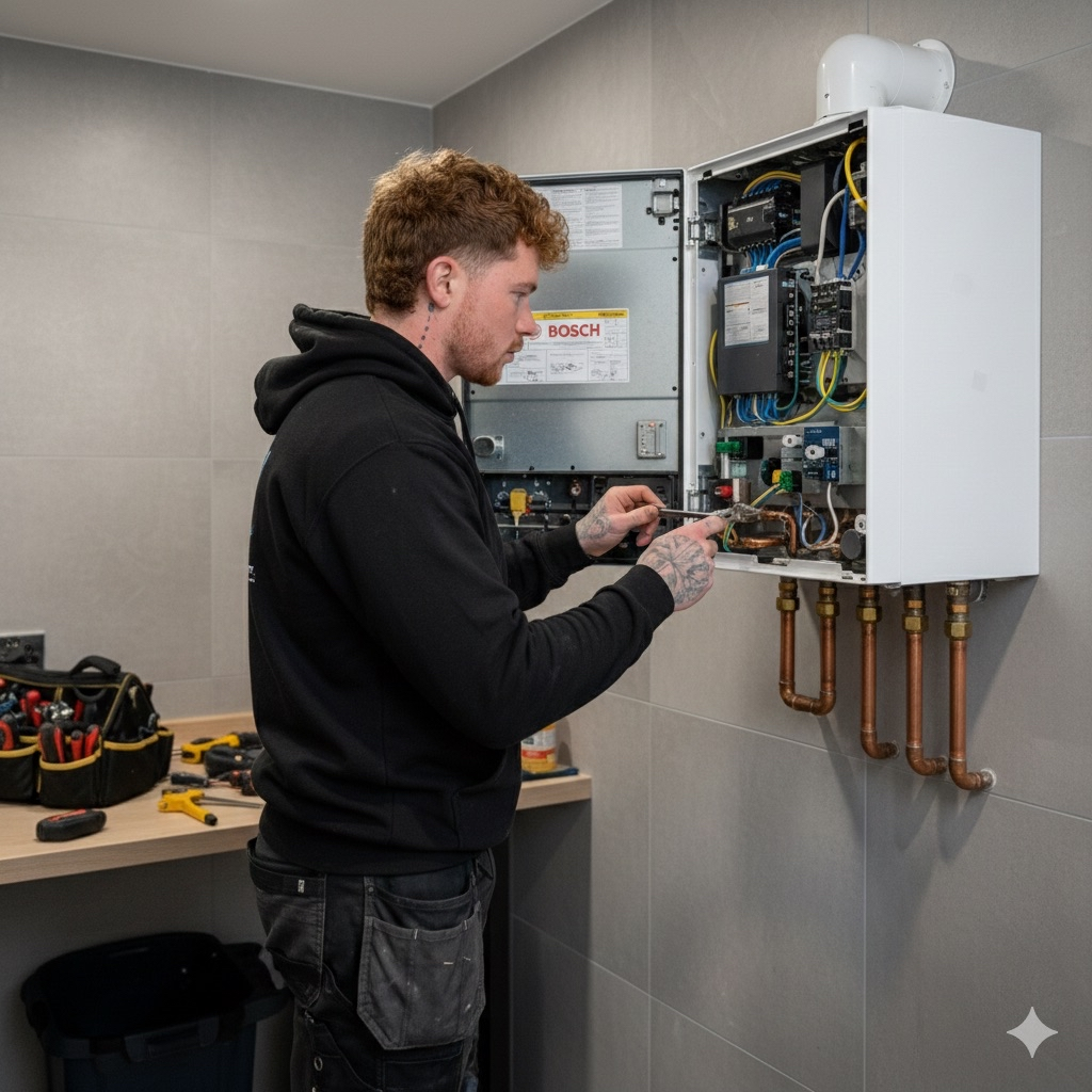 Dylan servicing a Worcester Bosch boiler