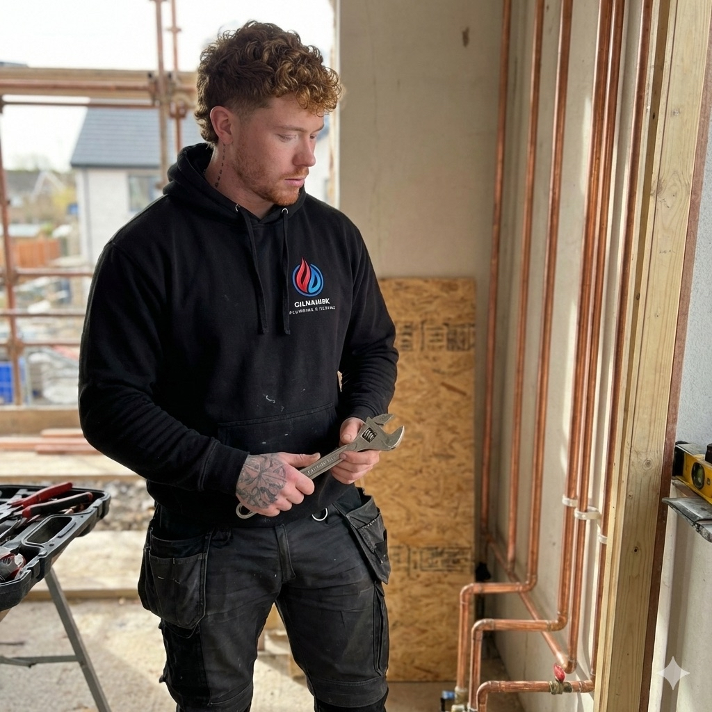 Dylan on a boiler installation job in Belfast