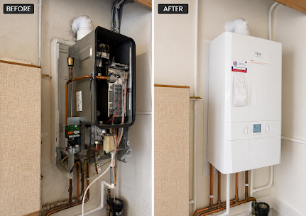 Gas boiler replacement before and after — old boiler replaced with new combi boiler