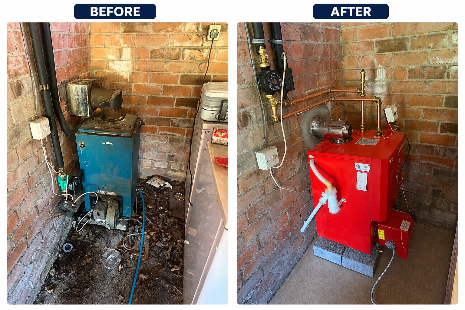 Oil boiler replacement before and after — old blue boiler replaced with new red oil boiler